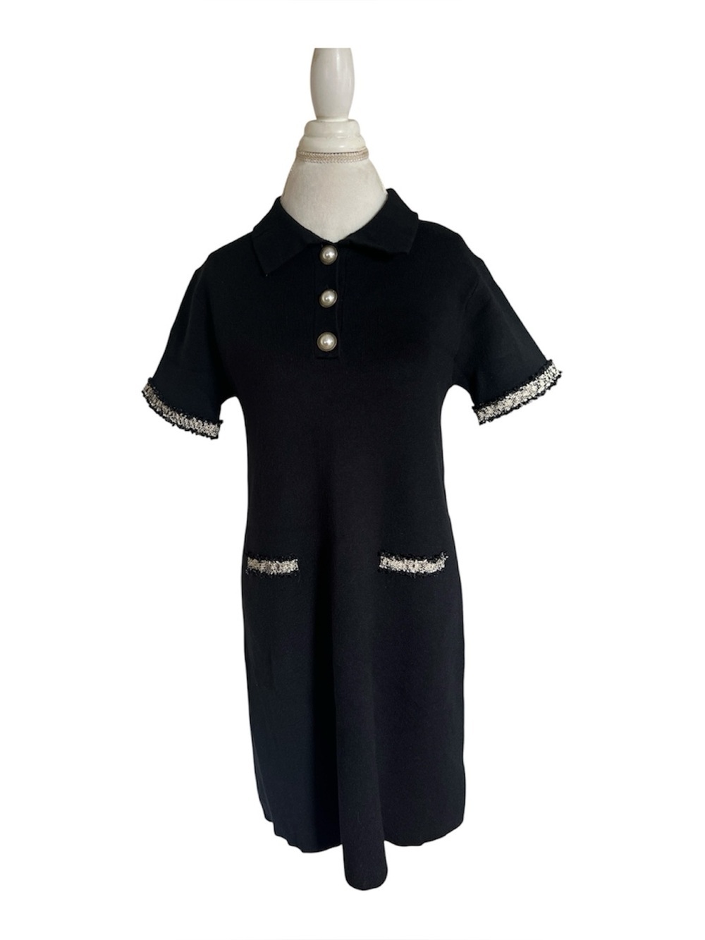 Zara Black Knit Polo Dress Pearl Buttons Contrast Tweed Trim Size Large Luxury